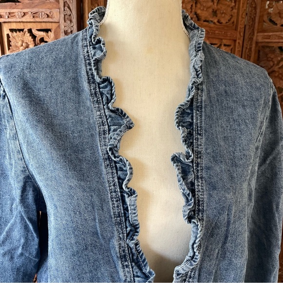 Vintage Unbranded Denim Jean Open-Front Jacket with Ruffle Hemline - Picture 3 of 10